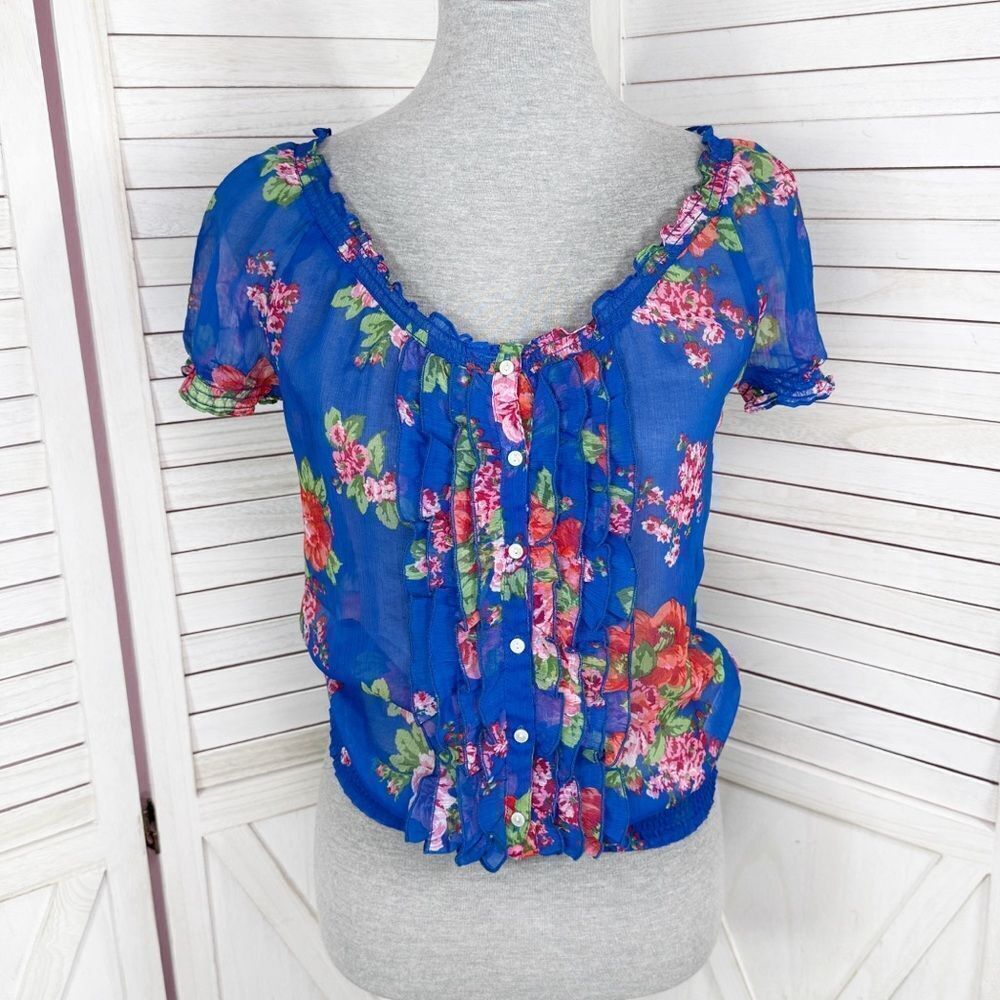 Abercrombie & Fitch Y2K Cottagecore Sheer Floral Ruffle Smocked Blouse Blue XS